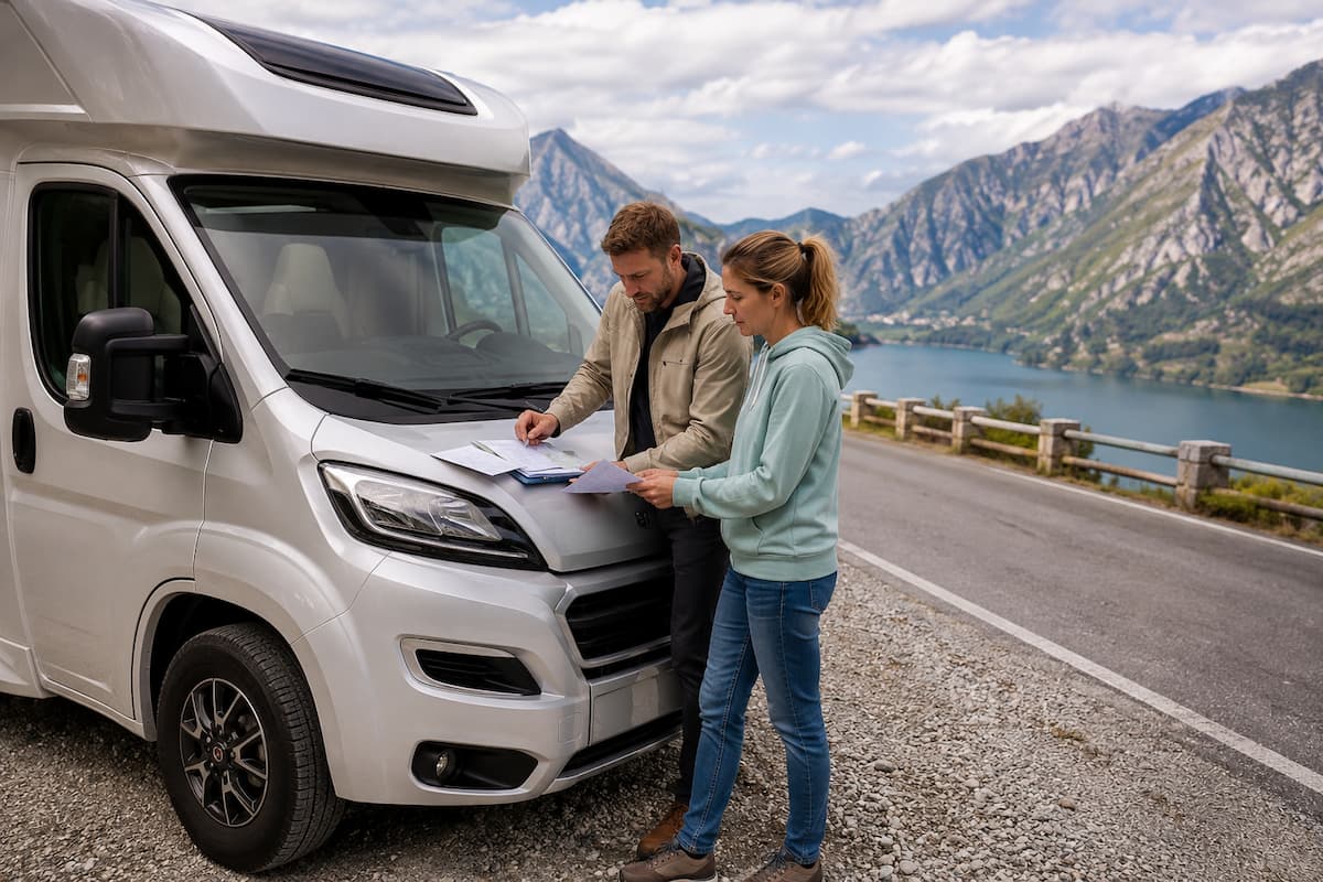 Pareja revisando documentos del seguro de asistencia en viaje junto a una camper antes de recorrer Europa.