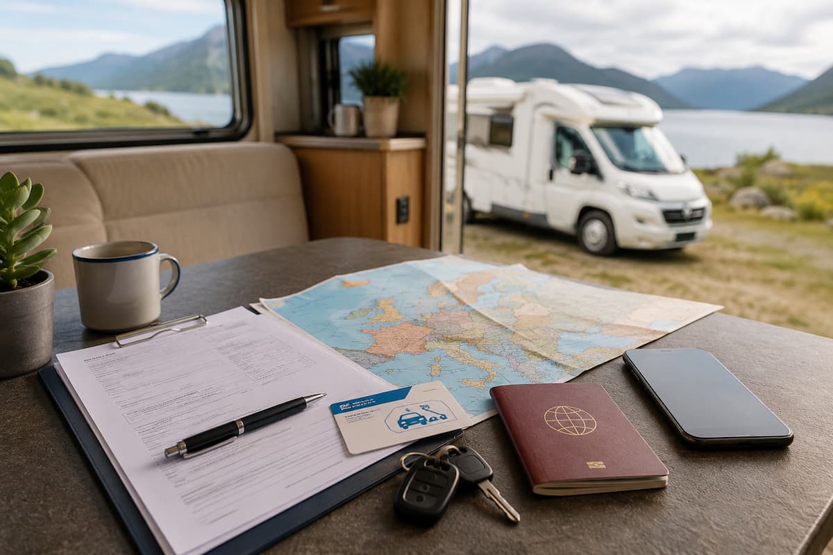 Documentos del seguro, mapa de Europa, pasaporte y llaves preparados para viajar en autocaravana con asistencia en carretera.