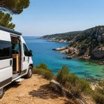 Autocaravana aparcada frente a una cala de aguas turquesas en la Costa Brava, rodeada de acantilados rocosos y pinos mediterráneos.