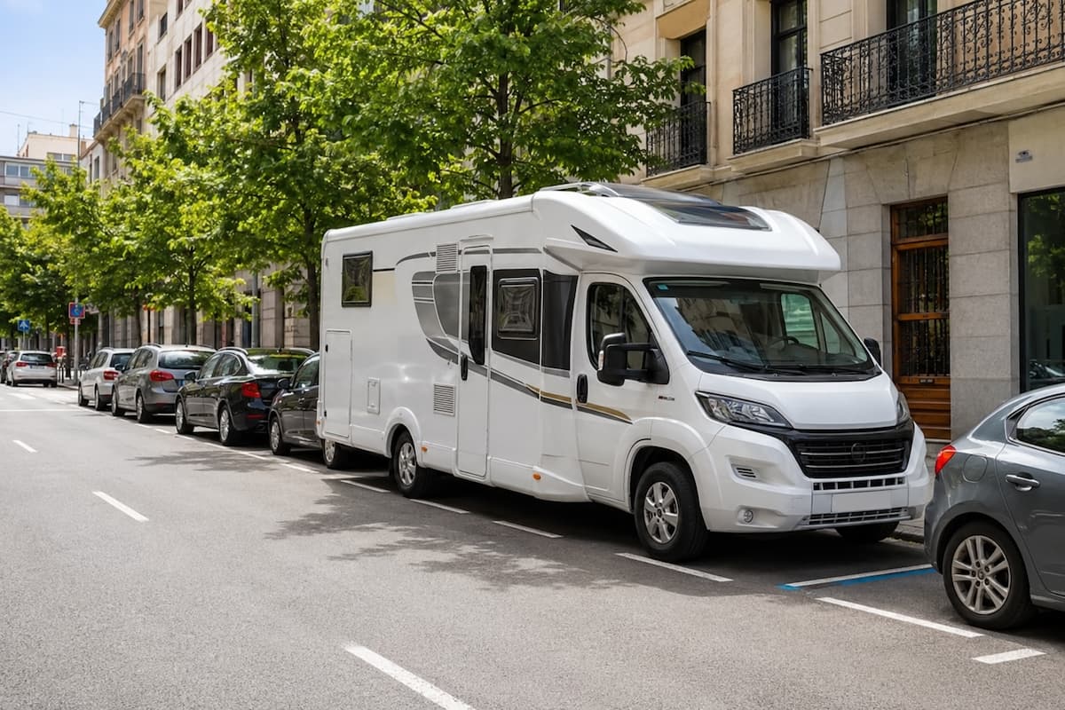 Autocaravana blanca aparcada correctamente en una calle urbana, integrada entre otros vehículos y sin ocupar espacio adicional.