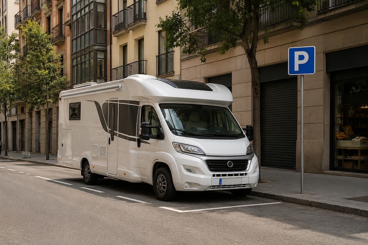 Autocaravana estacionada en una plaza señalizada de una calle residencial, junto a una señal de aparcamiento.
