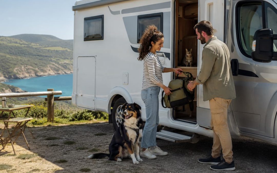 Pareja preparando una autocaravana junto al mar con un perro sentado en el exterior y un gato en la puerta.