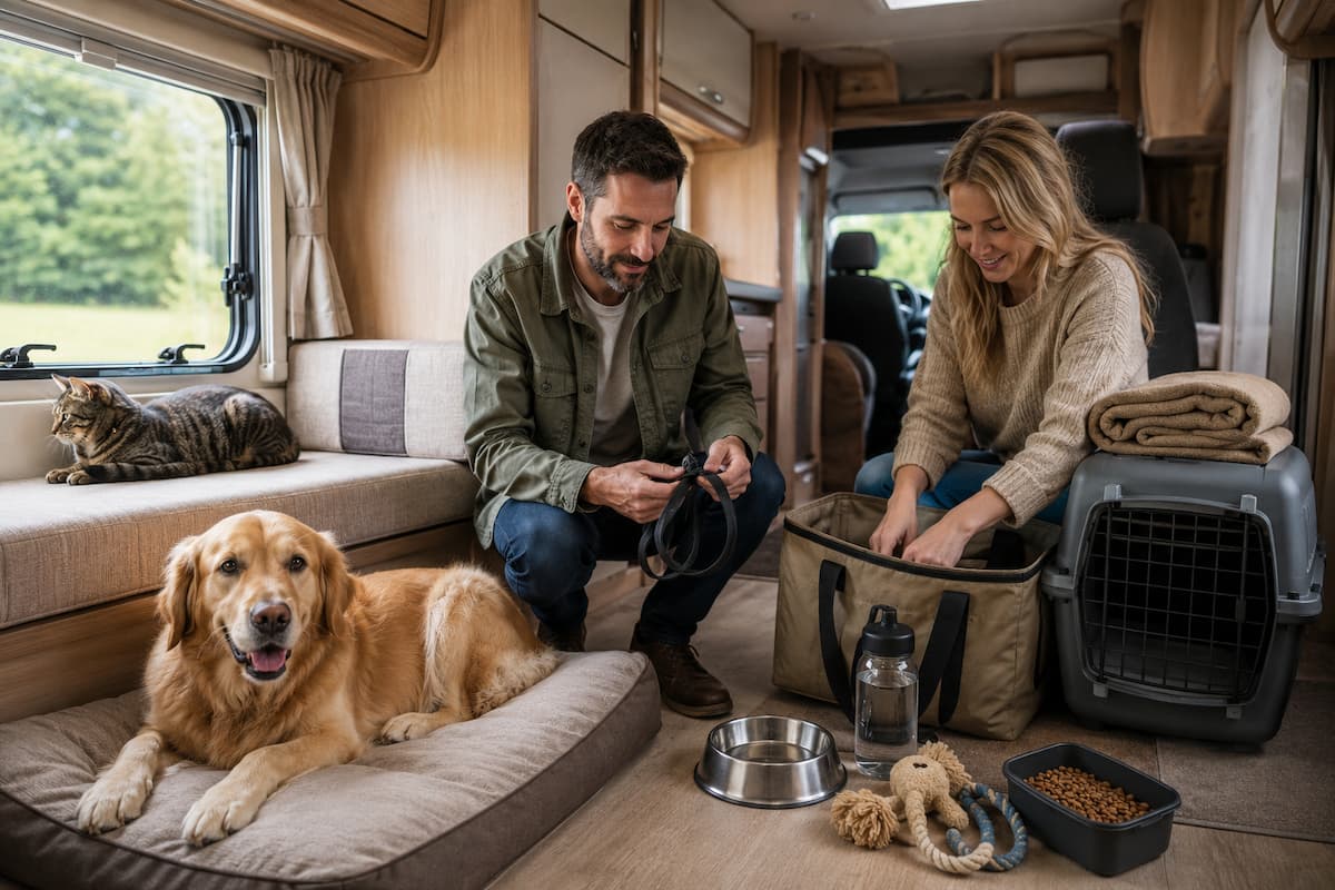 Pareja organizando accesorios para mascotas en el interior de una autocaravana, con un perro descansando y un gato junto a la ventana.