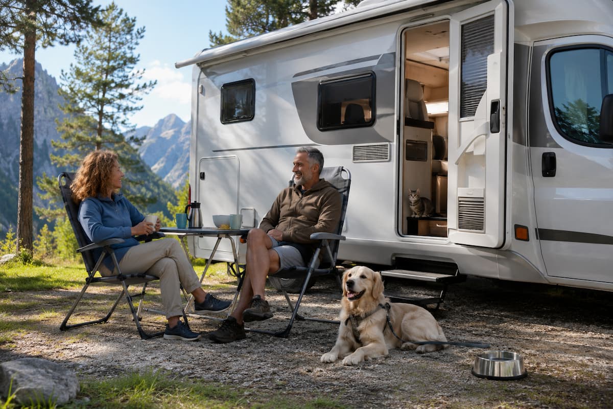 Pareja descansando junto a una autocaravana en un entorno de montaña, acompañada de un perro y un gato.