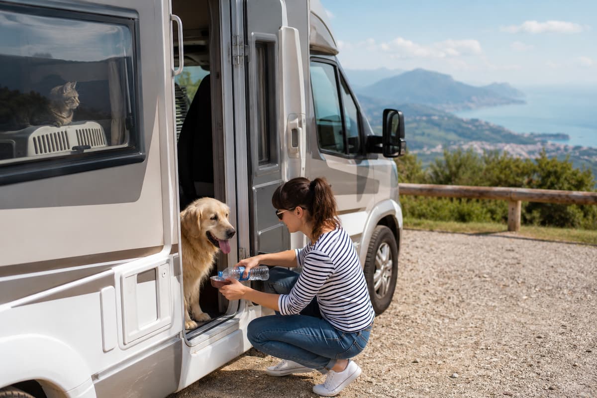 Mujer dando agua a un perro en la puerta de una autocaravana, con un gato visible en la ventana y vistas al mar.